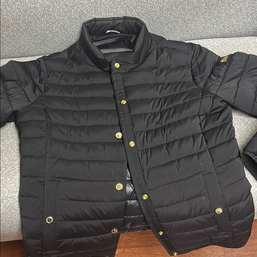 Moose Knuckles Black and Gold Quilted Puffer Jacket